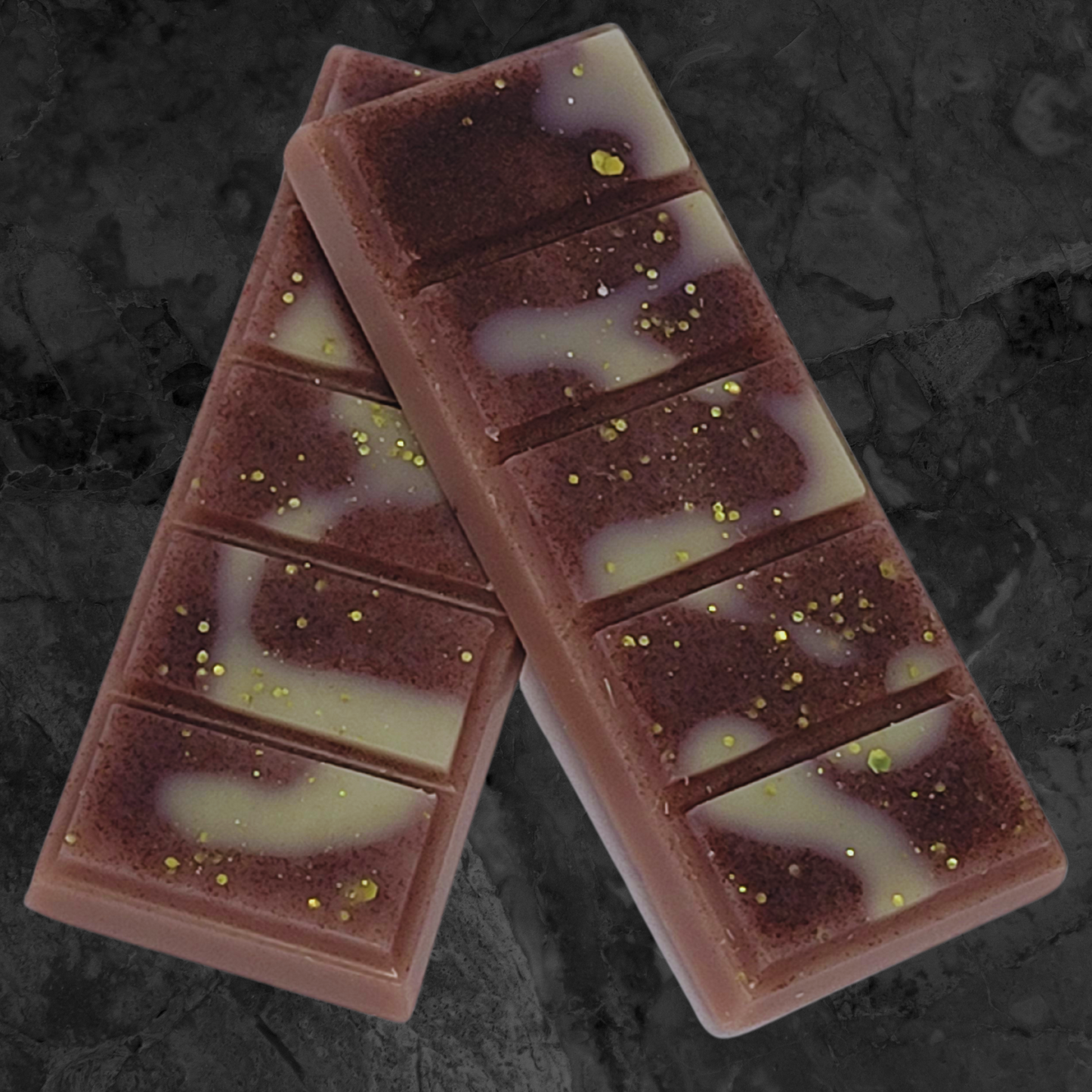 Fresh coffee soy wax snap bar melt. Brown and cream soy wax with gold bio glitter throughout.