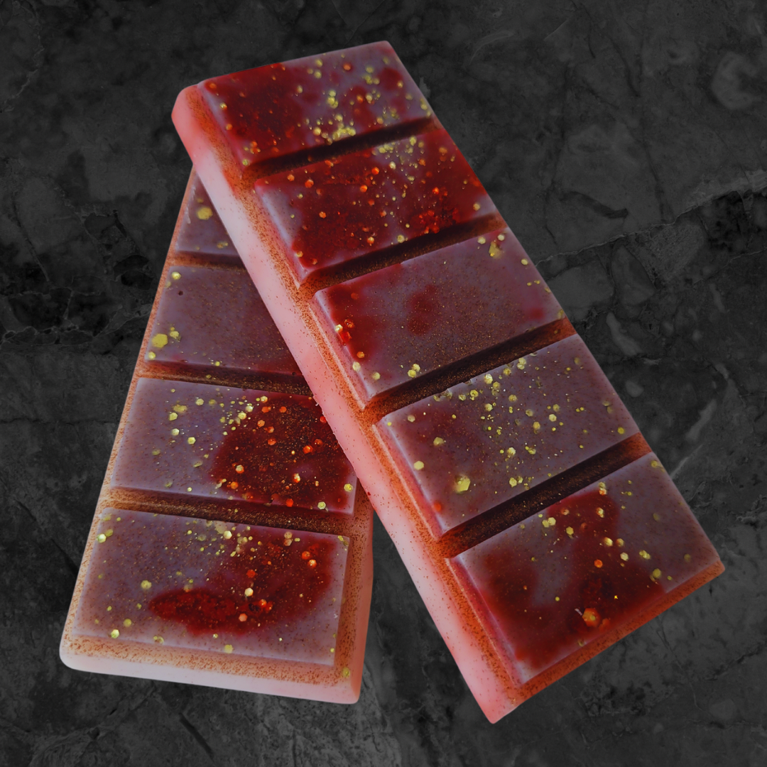 Maroon red and cream soy wax snap bar melt with gold chunky  biodegradable glitter dispersed throughout 