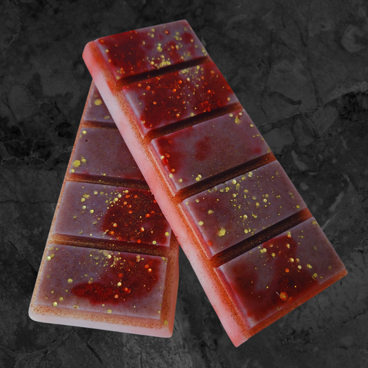 Maroon red and cream soy wax snap bar melt with gold chunky  biodegradable glitter dispersed throughout 