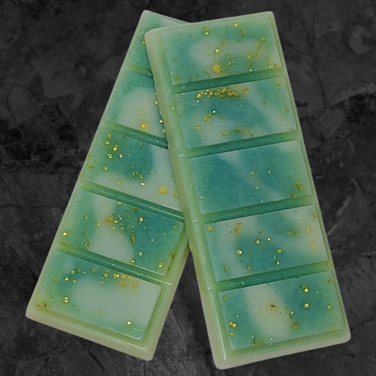 Lemongrass and Persian Lime soy wax snap bar melt. Green and cream wax with gold bio glitter throughout.
